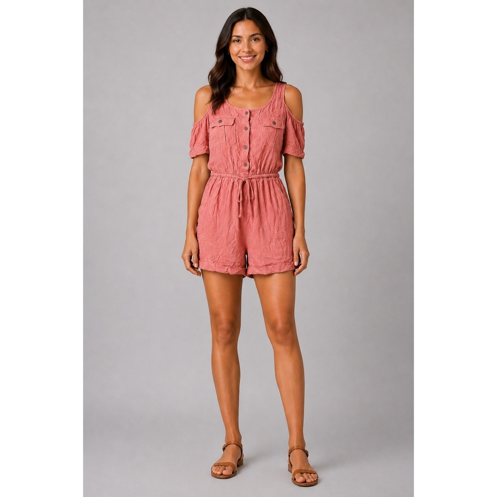 Iris Small Dusty Rose Cold Shoulder Button Front Utility Romper Pink‎ NWT